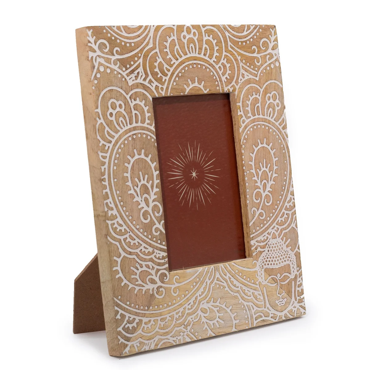 Mango wood picture frame with Buddha motif, white finish, 26x20x2cm, fits 10x15cm photo.