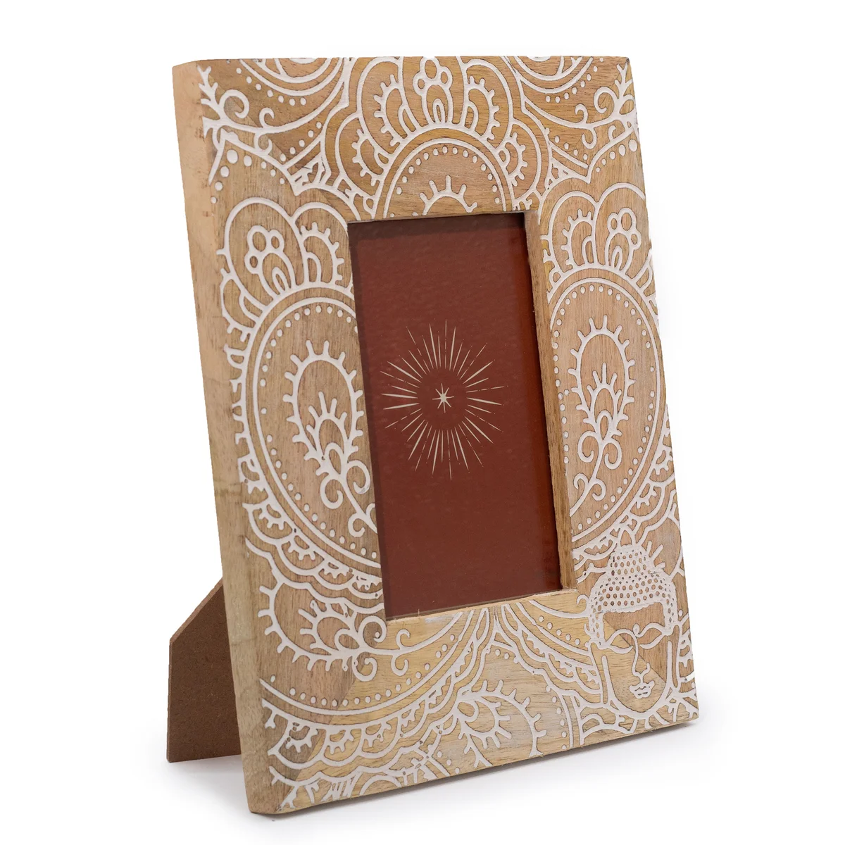 White mango wood Buddha picture frame, 26x20x2cm, fits 10x15cm images, elegant design.