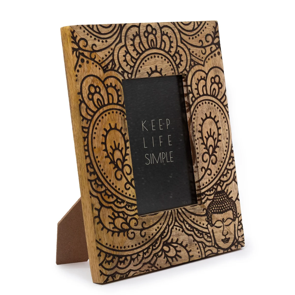 Mango wood picture frame, black finish, Buddha design, dimensions 26x20x2cm, suitable for 10x15cm photos.