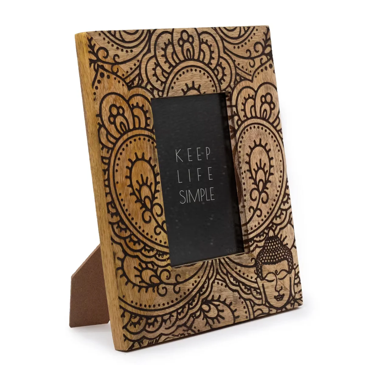 Medium wood picture frame, black mango wood, Buddha design, 26x20x2cm, fits 10x15cm photo