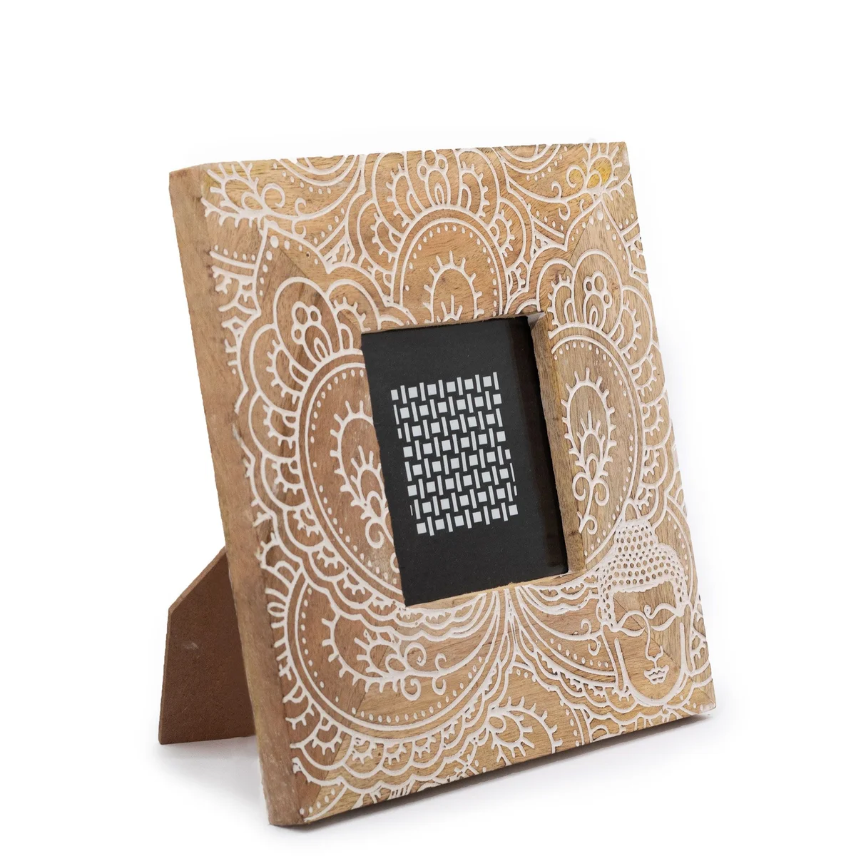 White small mango wood picture frame, 20x20x2cm, showing a Buddha motif, suitable for 10x10cm photos