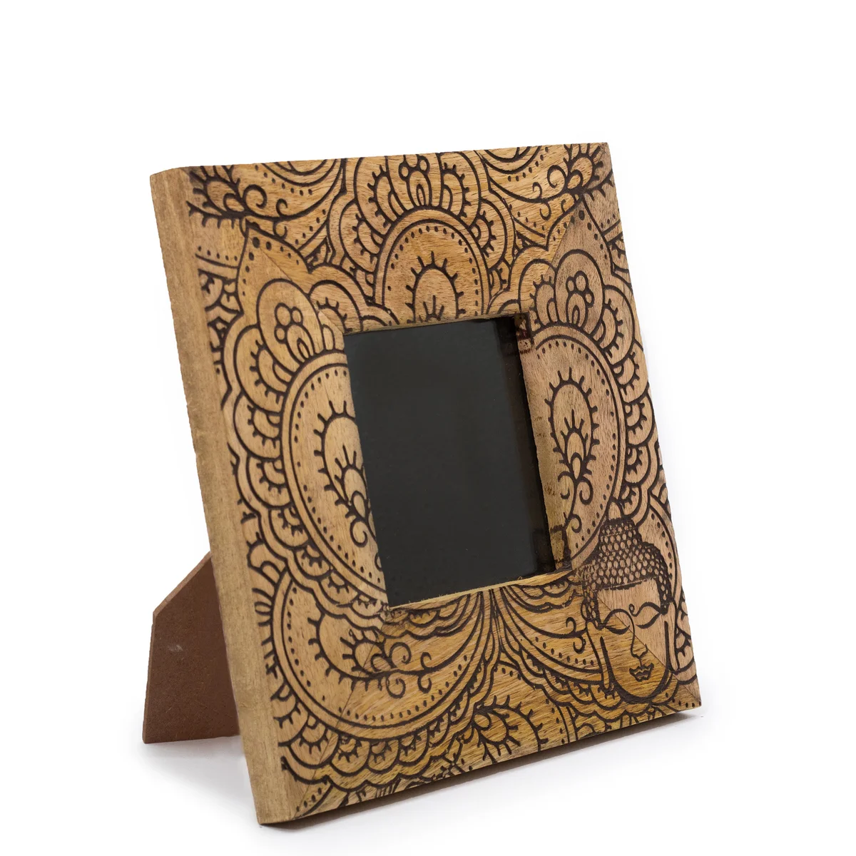 Black mango wood frame, 20x20x2cm, showing a 10x10cm Buddha picture