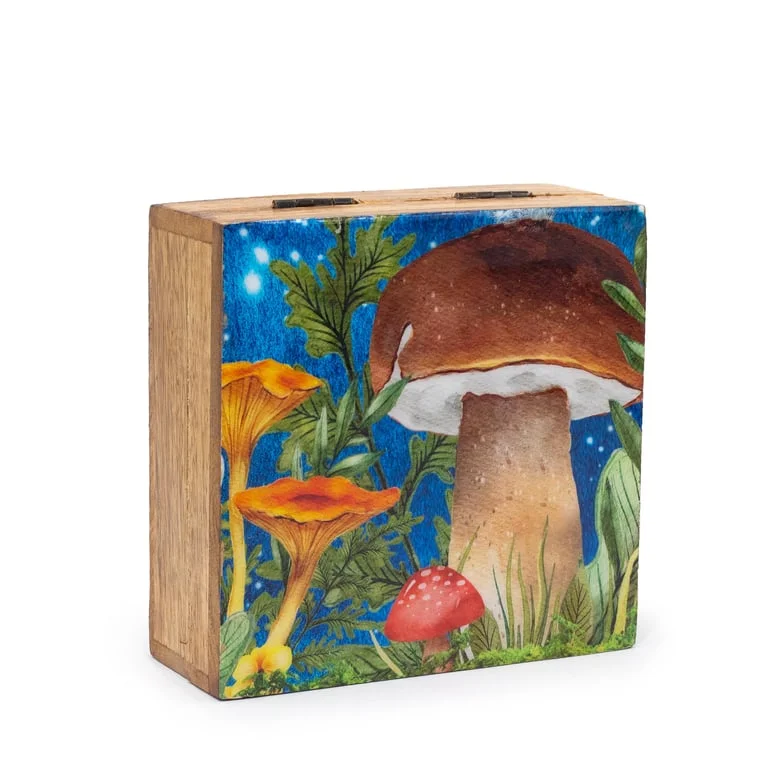 Teal square mushroom design storage box measuring 13.5x13.5x6cm with mushroom pattern on surface