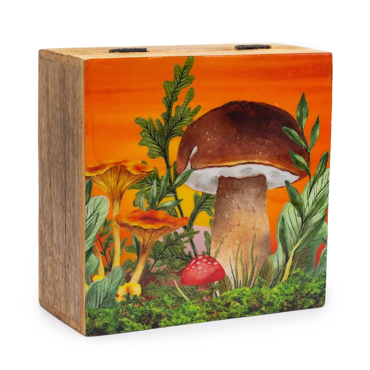 Maroon square box with mushroom design, 15x17.5x8cm mushroom design storage box