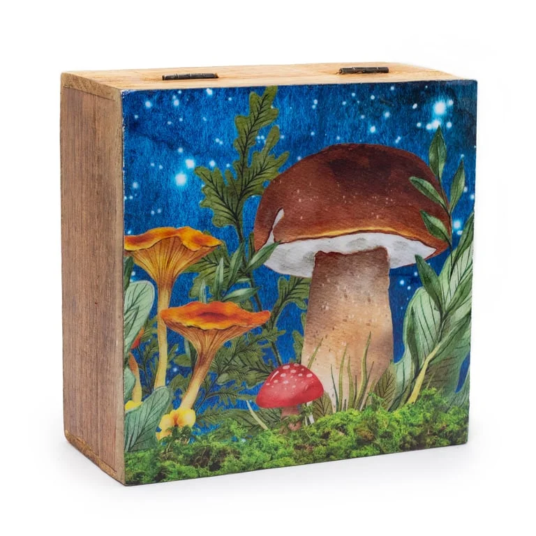 Square storage box with teal mushroom design, 15x17.5x8cm, bright teal, decorative.