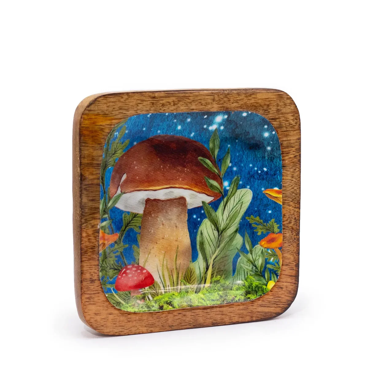 Teal mushroom design trinket tray, square 15x15x2.5cm, holds small items