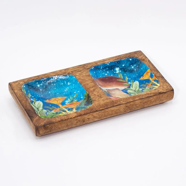 Teal double trinket tray with mushroom pattern, 20x10x2.5cm, used for decorative storage.