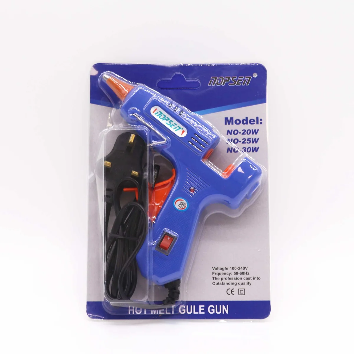 Compact black Nopsen 30W mini hot glue gun with UK plug, designed for 7mm sticks.