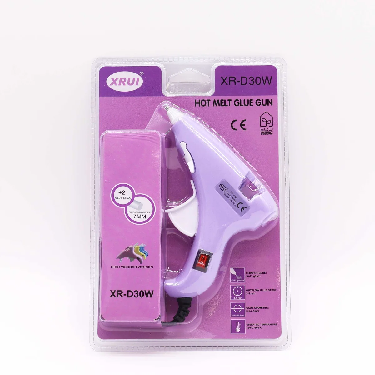 Mini hot glue gun with built‑in heat‑resistant trigger, red body, silver plume, UK plug, 30W power, ready for 7mm sticks.