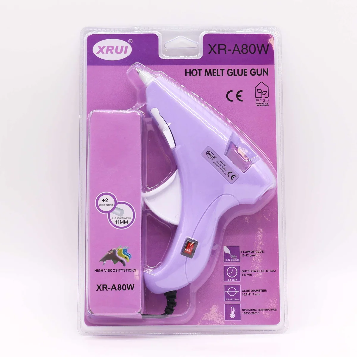 Xrui 80W hot glue gun with UK plug, shown in its housing, suitable for 11mm sticks