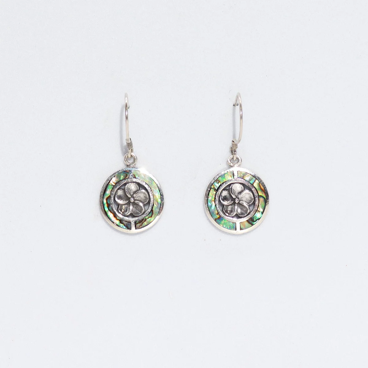 Silver shell and abalone frangipani flower earrings