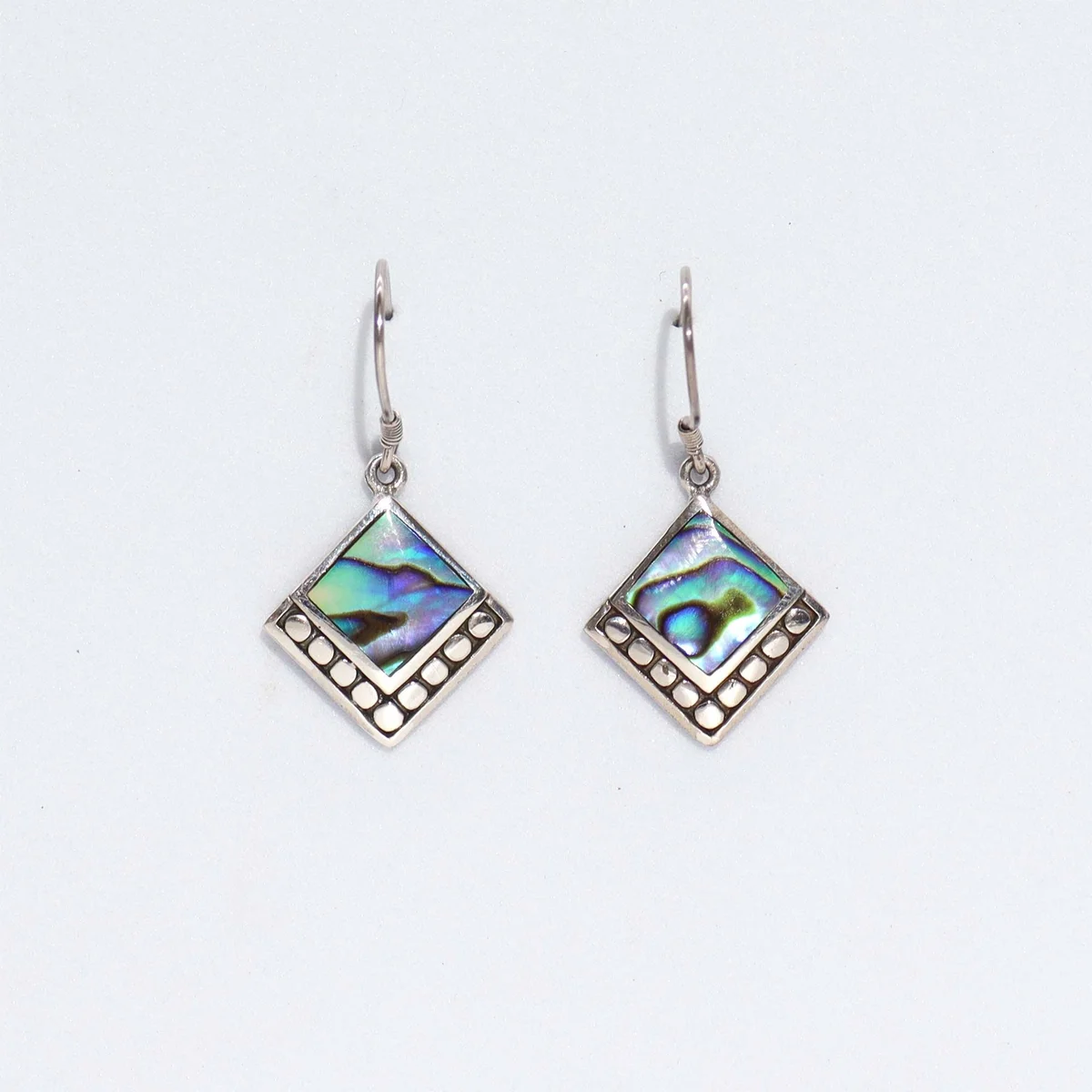 Shell silver earrings featuring square dot abalone shell design