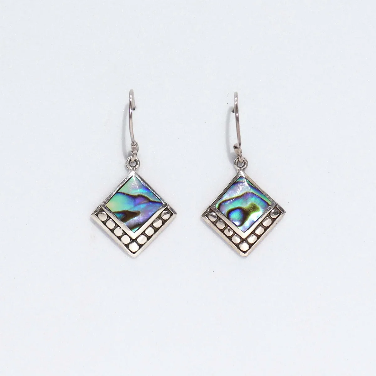 Abalone earrings with shell and silver square dot design