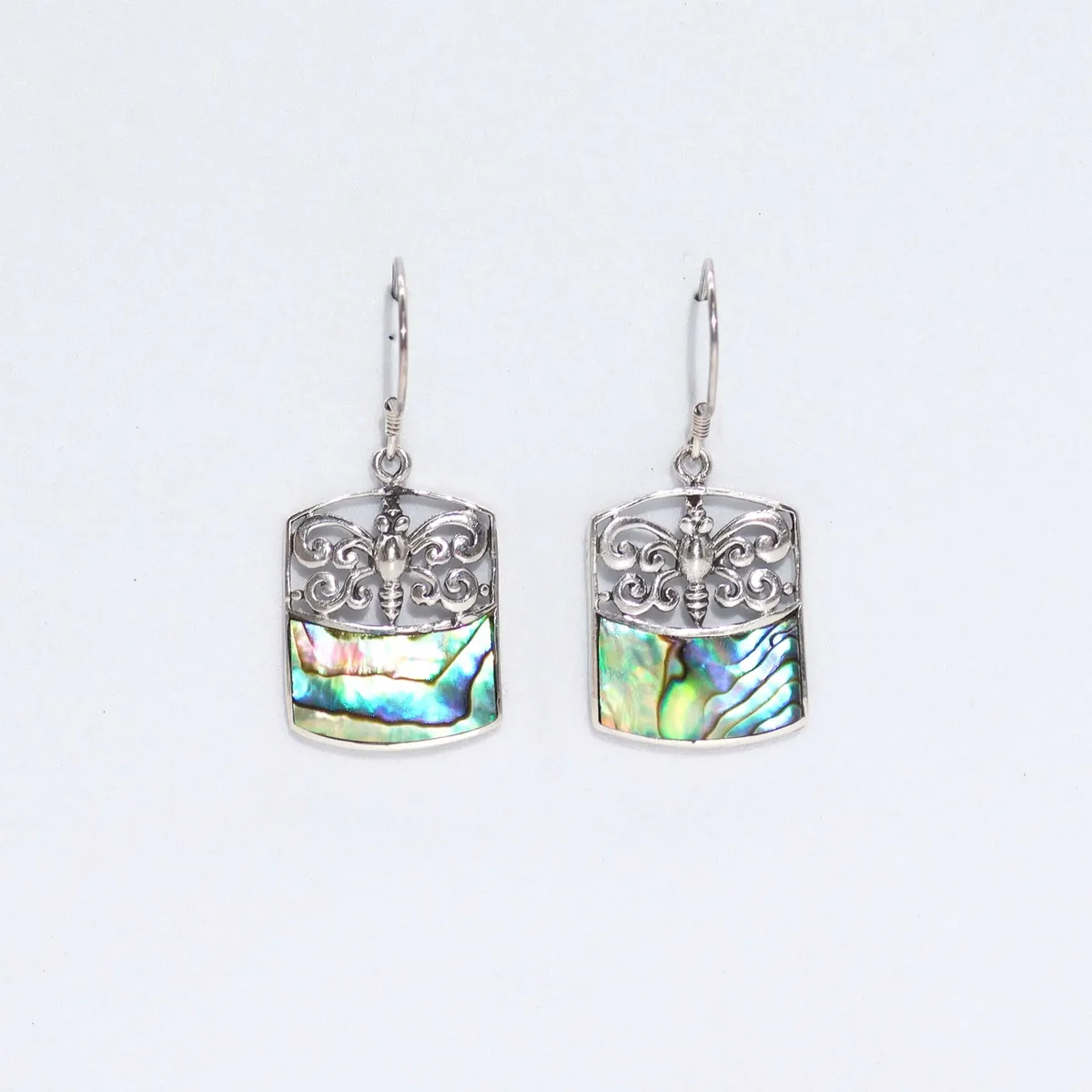 Silvery dragonfly earrings made with abalone shell accents