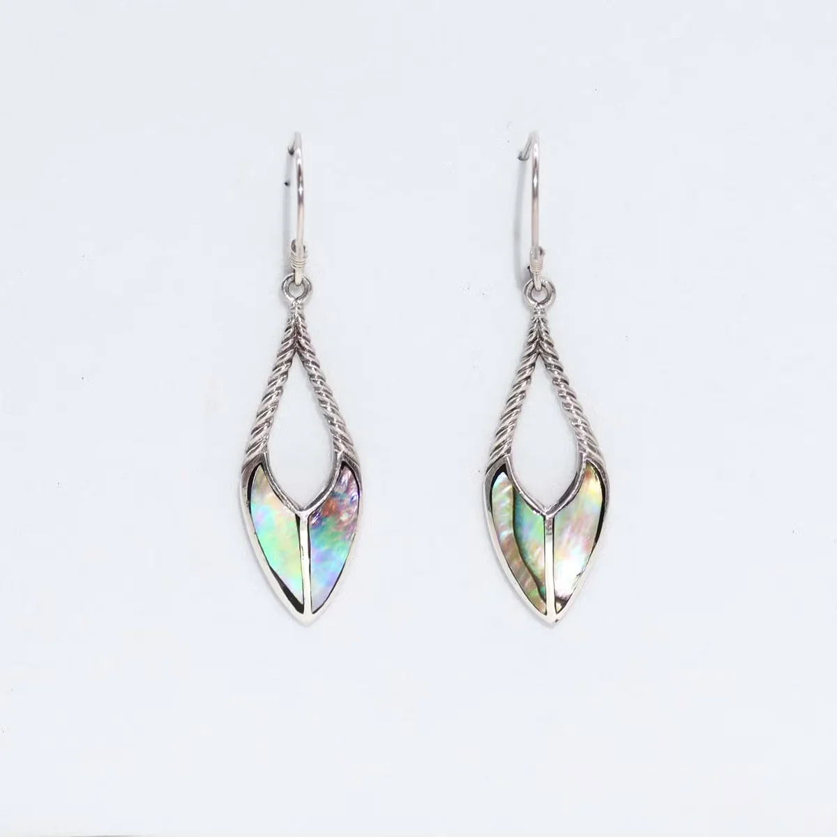 Silver drop earrings with abalone shell spear-shaped drops on a white background, showing front and side views