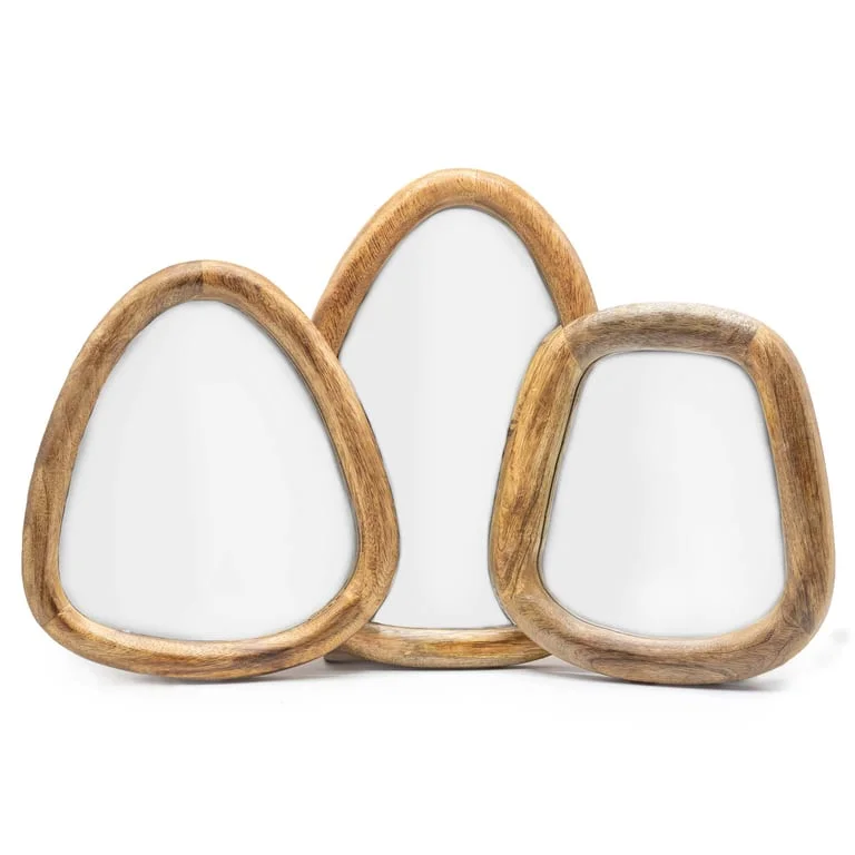 Set of 3 dark brown pebble shaped mirrors arranged together on a white background