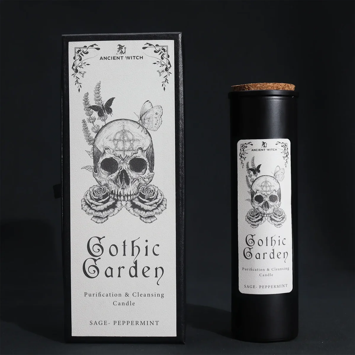 Set of Ancient Witch Ritual gothic garden candles with dark, mystical design on a black background