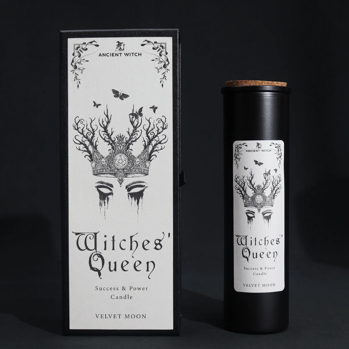 Set of Ancient Witch Ritual Witches Queen Candles with dark labels and mystical designs on a wooden surface