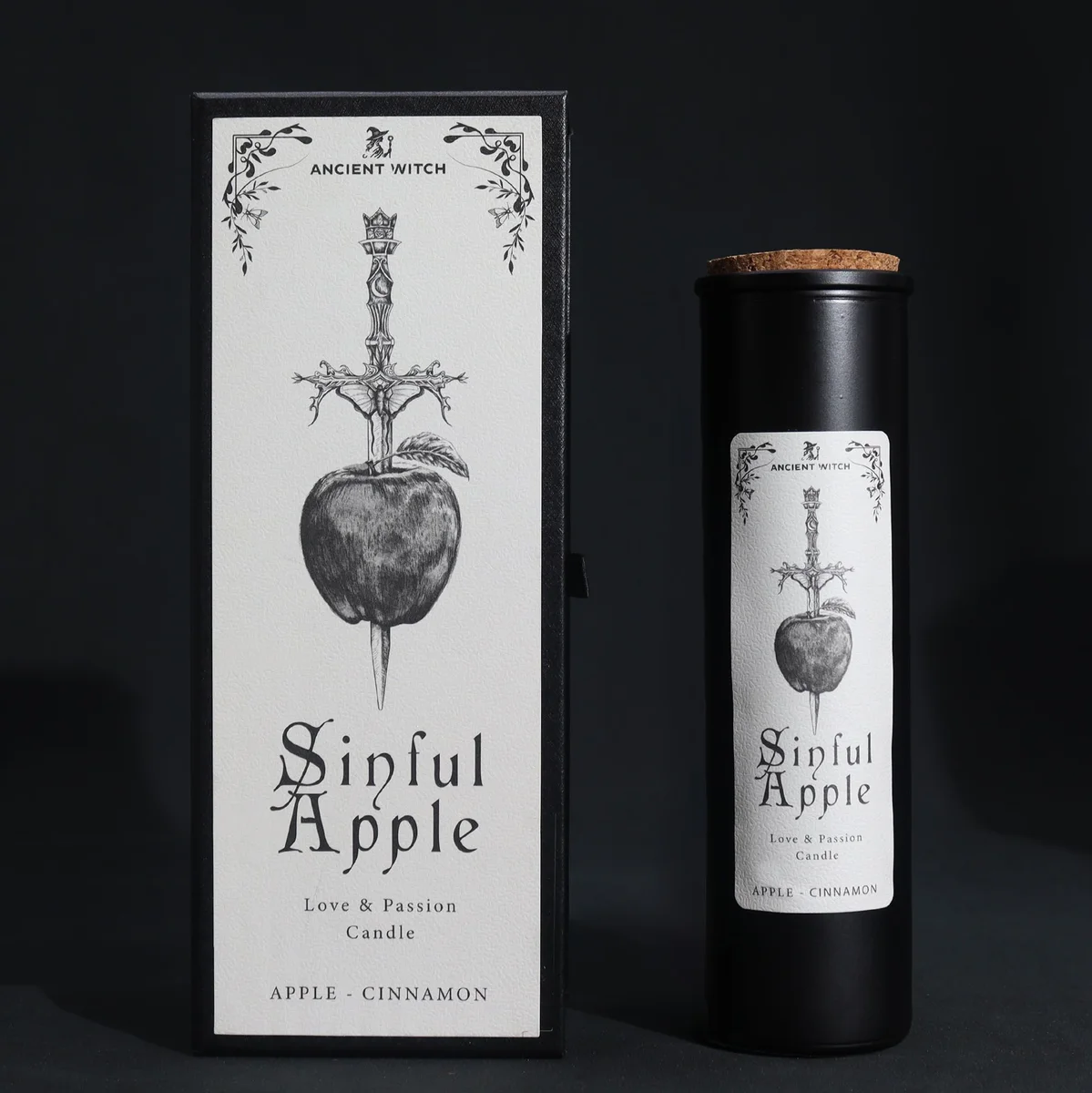 Ancient witch ritual candles in Sinful Apple scent, arranged with apple-themed decorations on a dark background