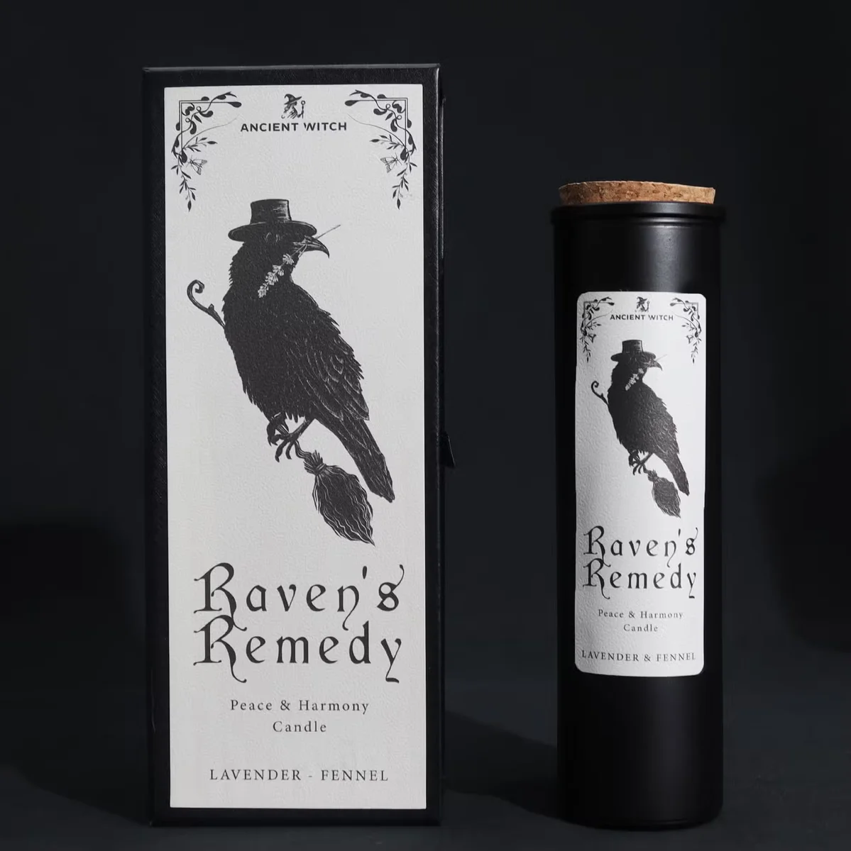 Set of Ancient Witch Ravens' Remedy decorative ritual candles arranged on a dark surface with mystical symbols