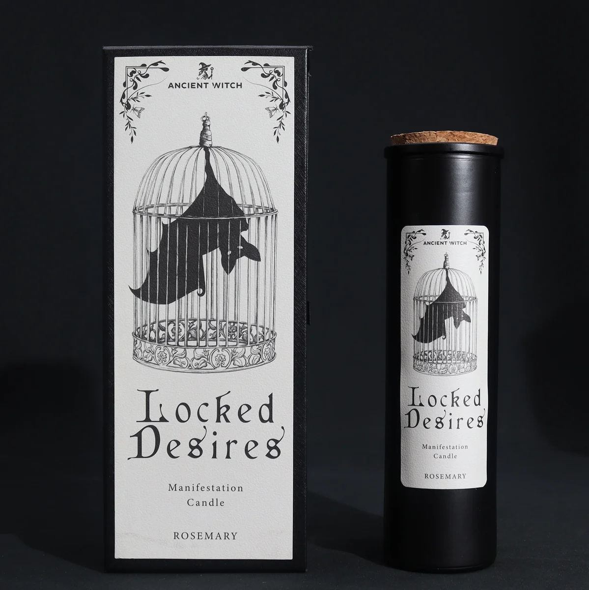 Set of Ancient Witch Ritual locked desires candles in dark packaging with mystical symbols on a black background