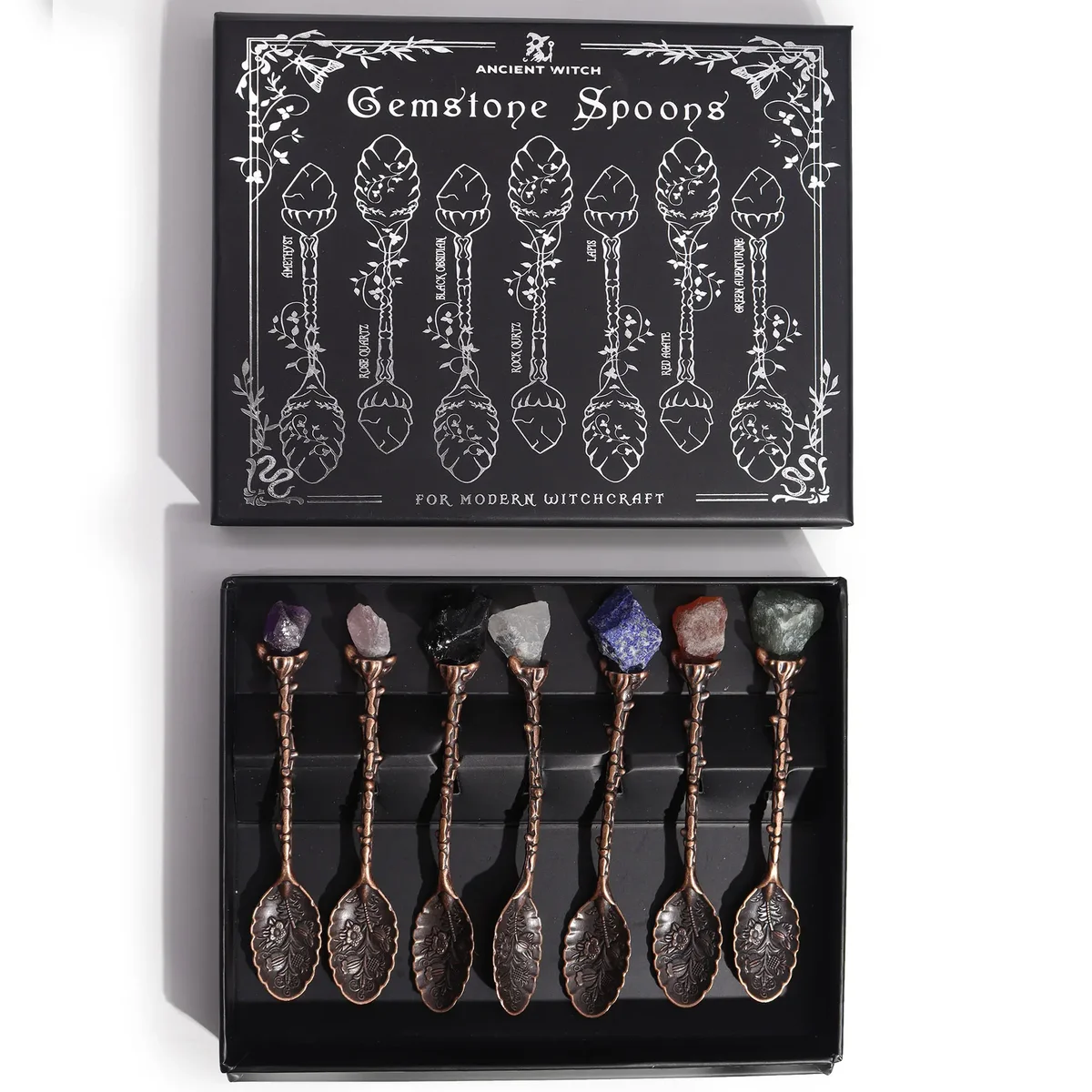 Set of 7 bronze witch spoons with gemstone crystal accents, a witch spoons set in decorative design.