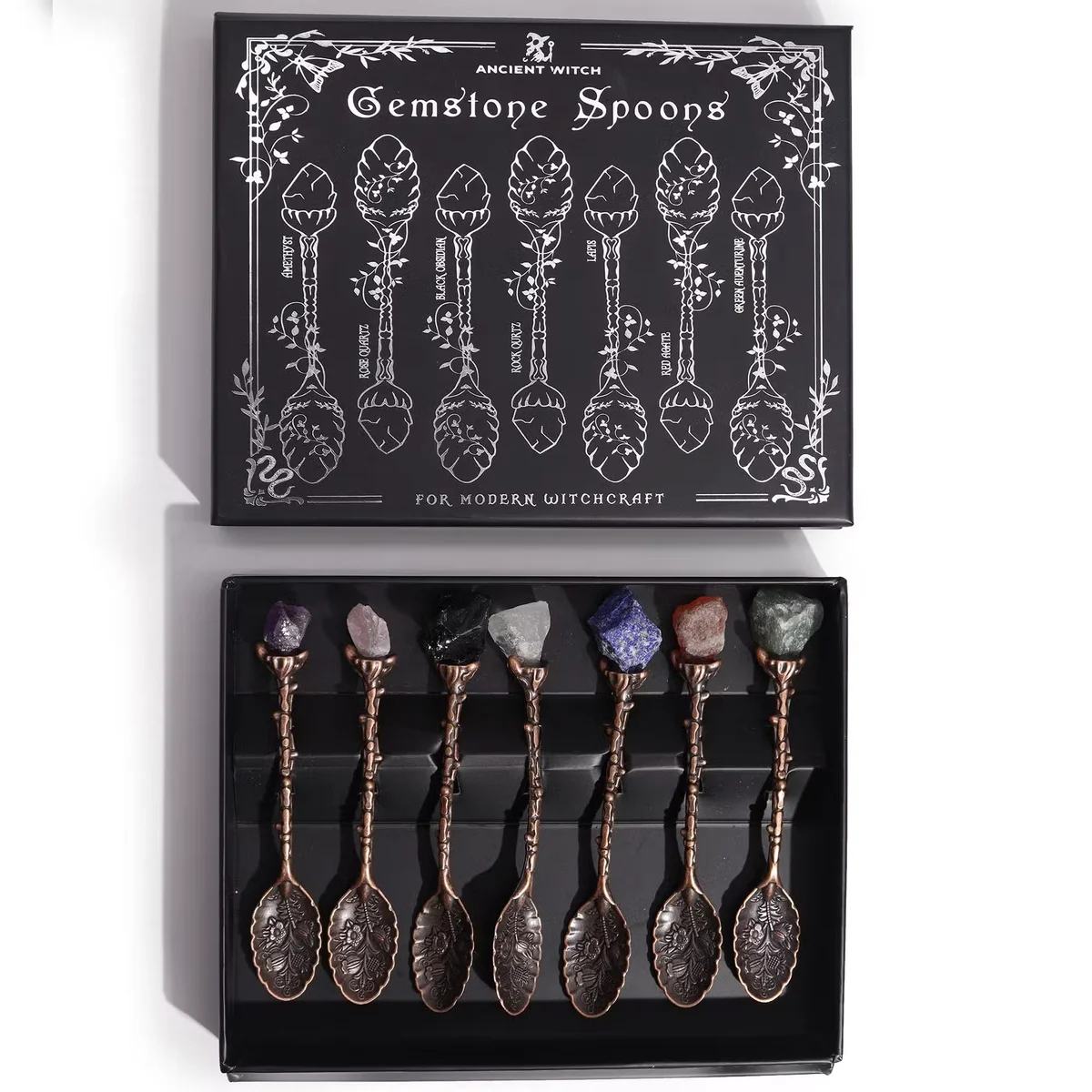 Decorative serving spoons, a set of 7 bronze gemstone crystal witch spoons