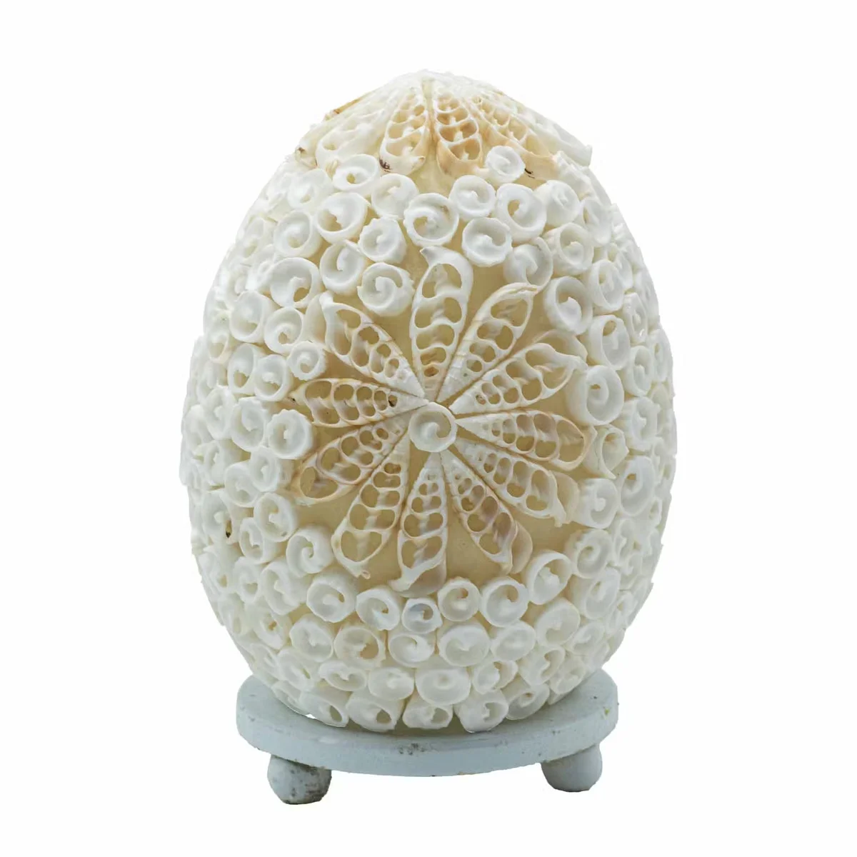 Oval cut art 15cm sea shell lamp with intricate boho design on white background, showing detailed shell texture