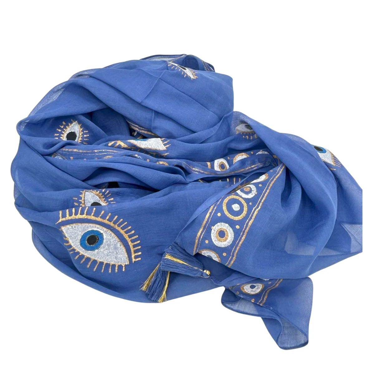 Nomad sari pareo in rich blue with gold evil eye designs.