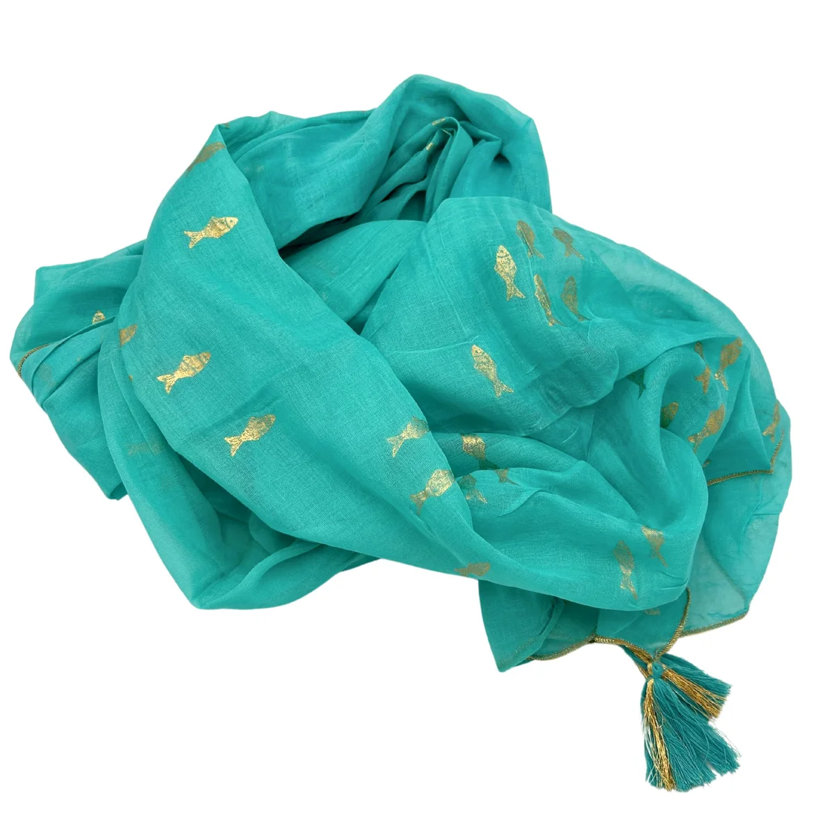 Turquoise sari pareo featuring a gold fish print.