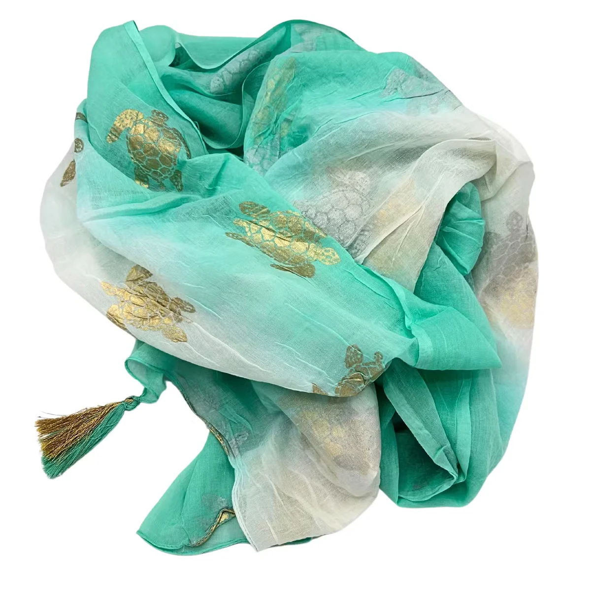 White and turquoise sari pareo featuring gold turtle print – a stylish summer beach wrap