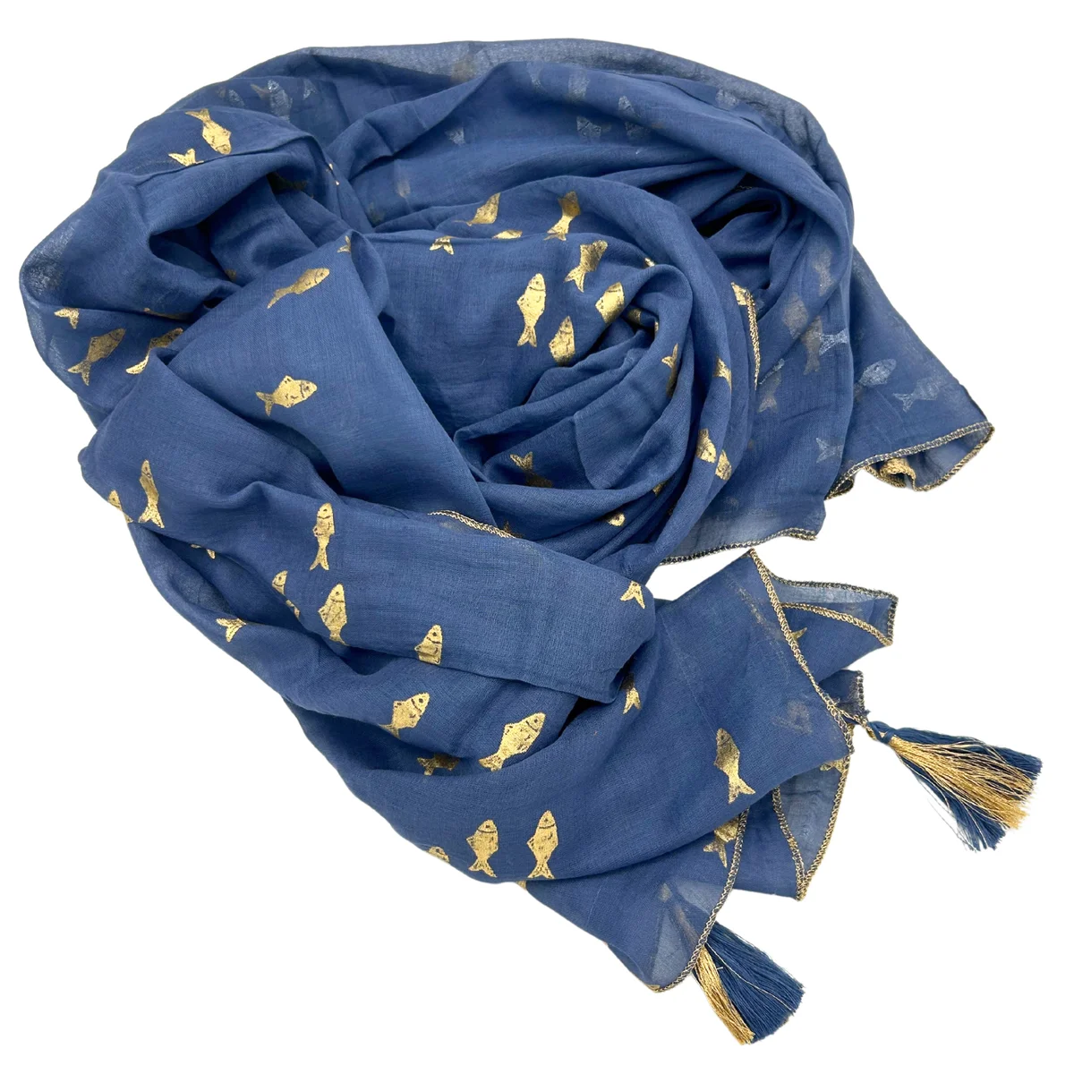 Nomad sari pareo in sea blue with gold fish print, flowing fabric with vivid fish motifs