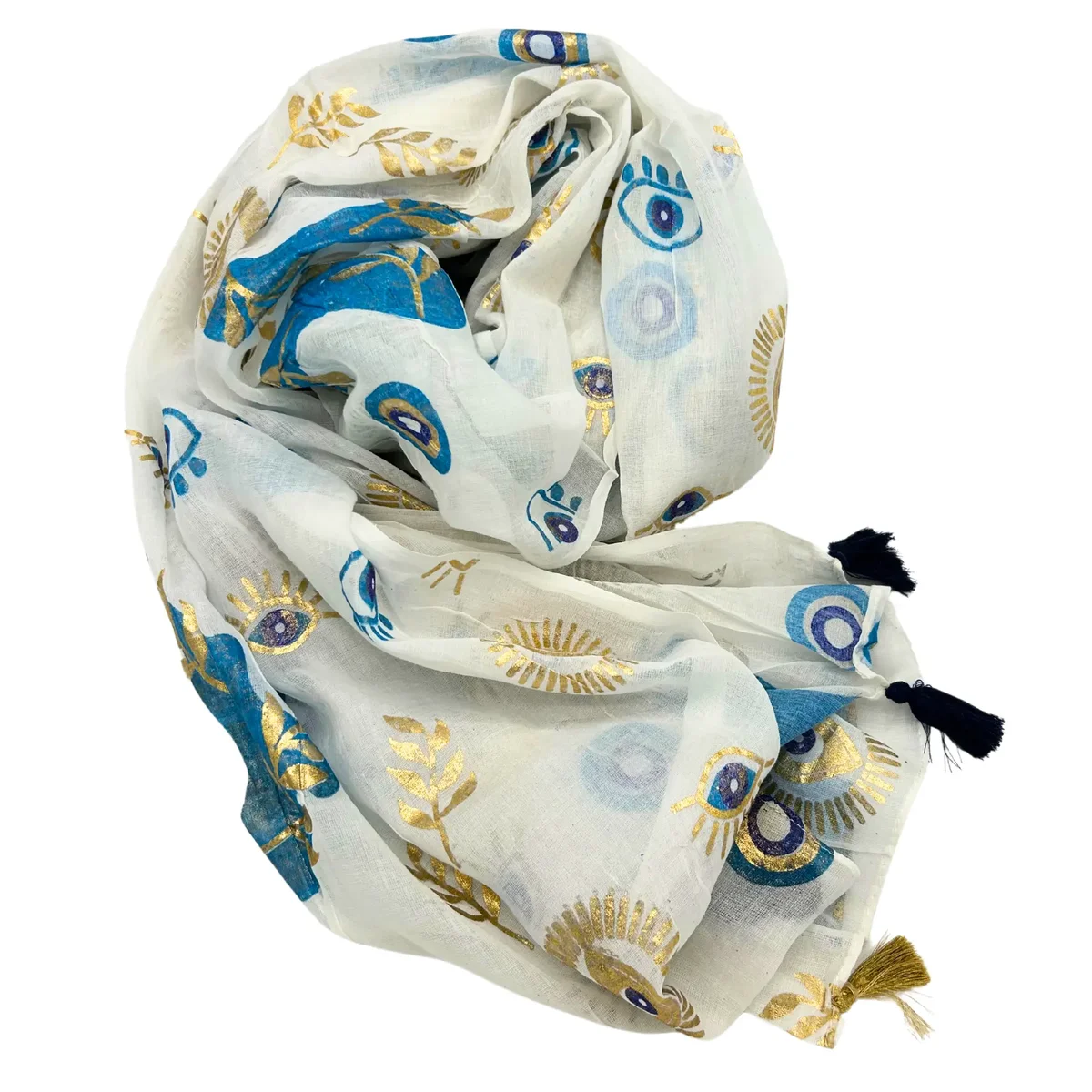 White blue gold scarf with Evil Eye print, Nomad Sari Pareo style