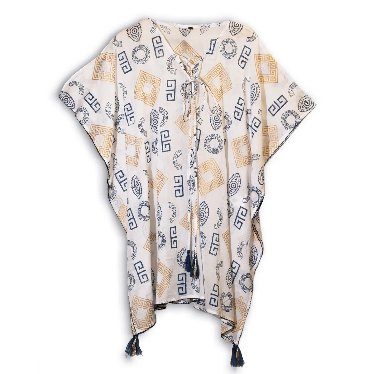 Blue kaftan dress with gold Greek motif print.