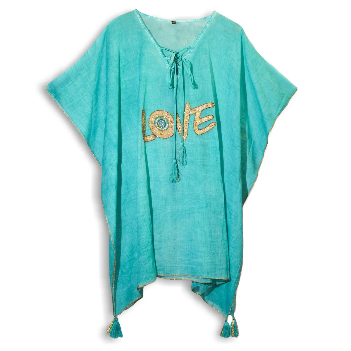 Turquoise kaftan with a gold love motif kaftan design.