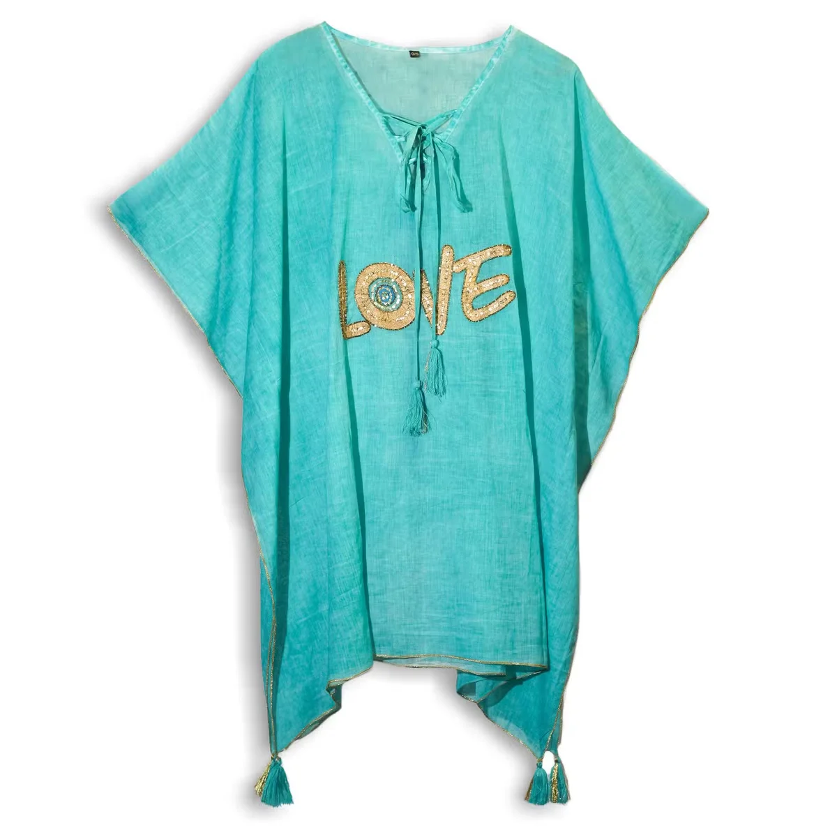 Stylish kaftan dress in turquoise with gold LOVE motif accents, flowing lines.