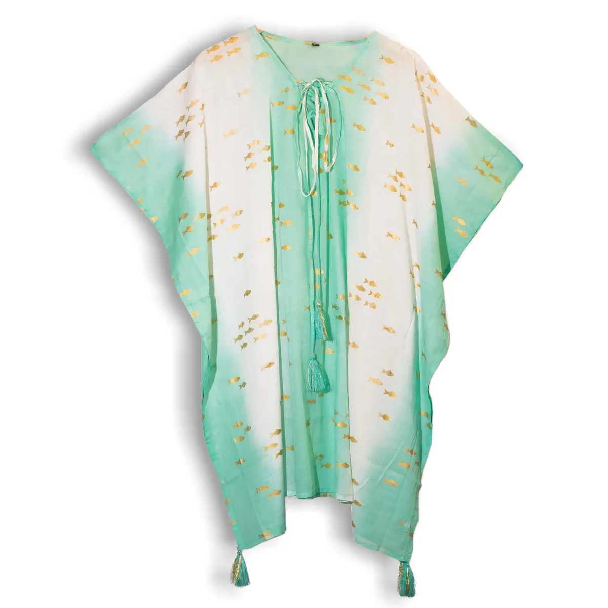 White turquoise kaftan with gold fish print, long flowing silhouette and side slit
