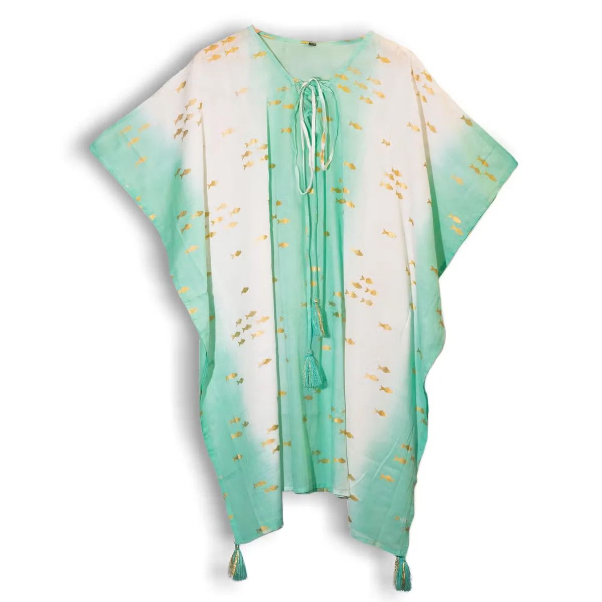 Summer kaftan dress in white and turquoise featuring gold fish print
