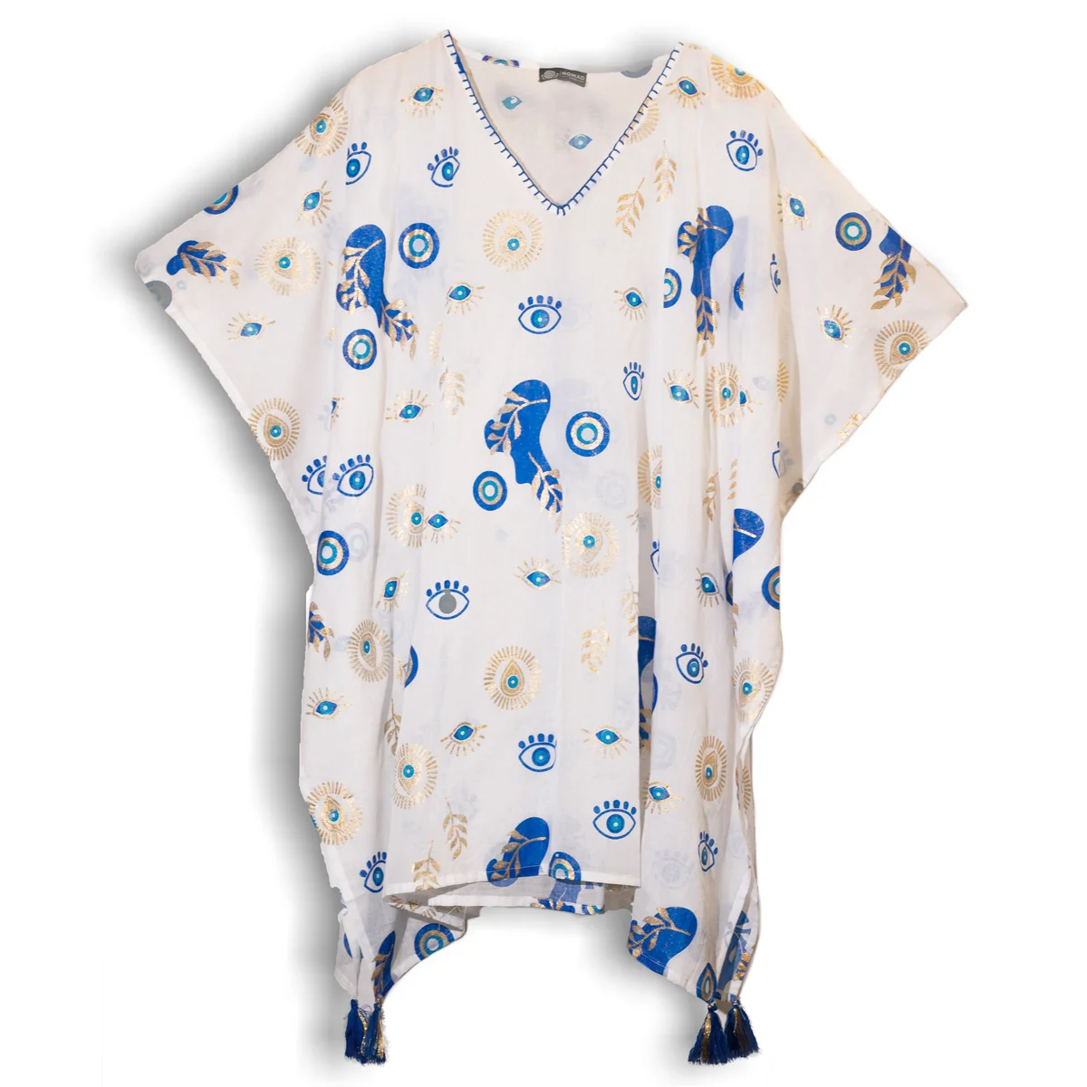White sari kaftan featuring blue and gold evil eye print, a stylish ethnic garment.
