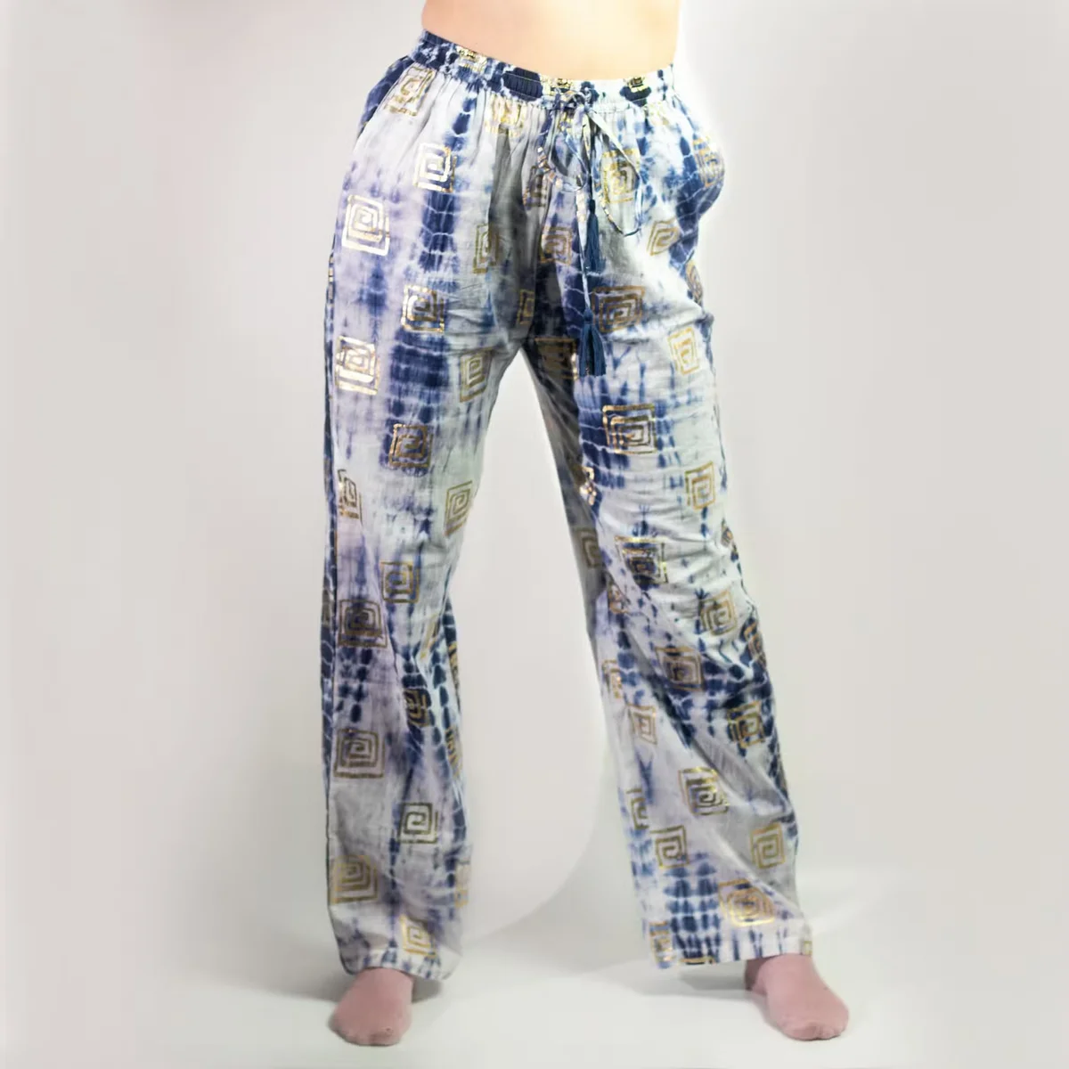 Blue tie‑dye lounge pants featuring a gold Greek motif pants design.