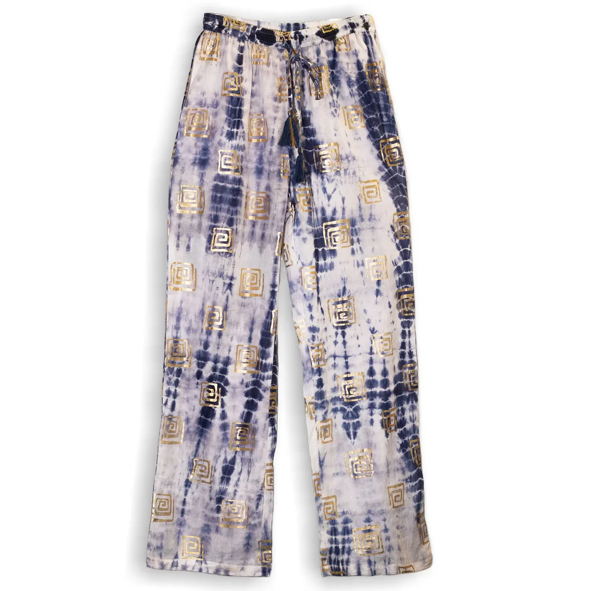 Blue lounge pants in tie‑dyed style featuring a gold Greek motif, shown hanging or laid out.