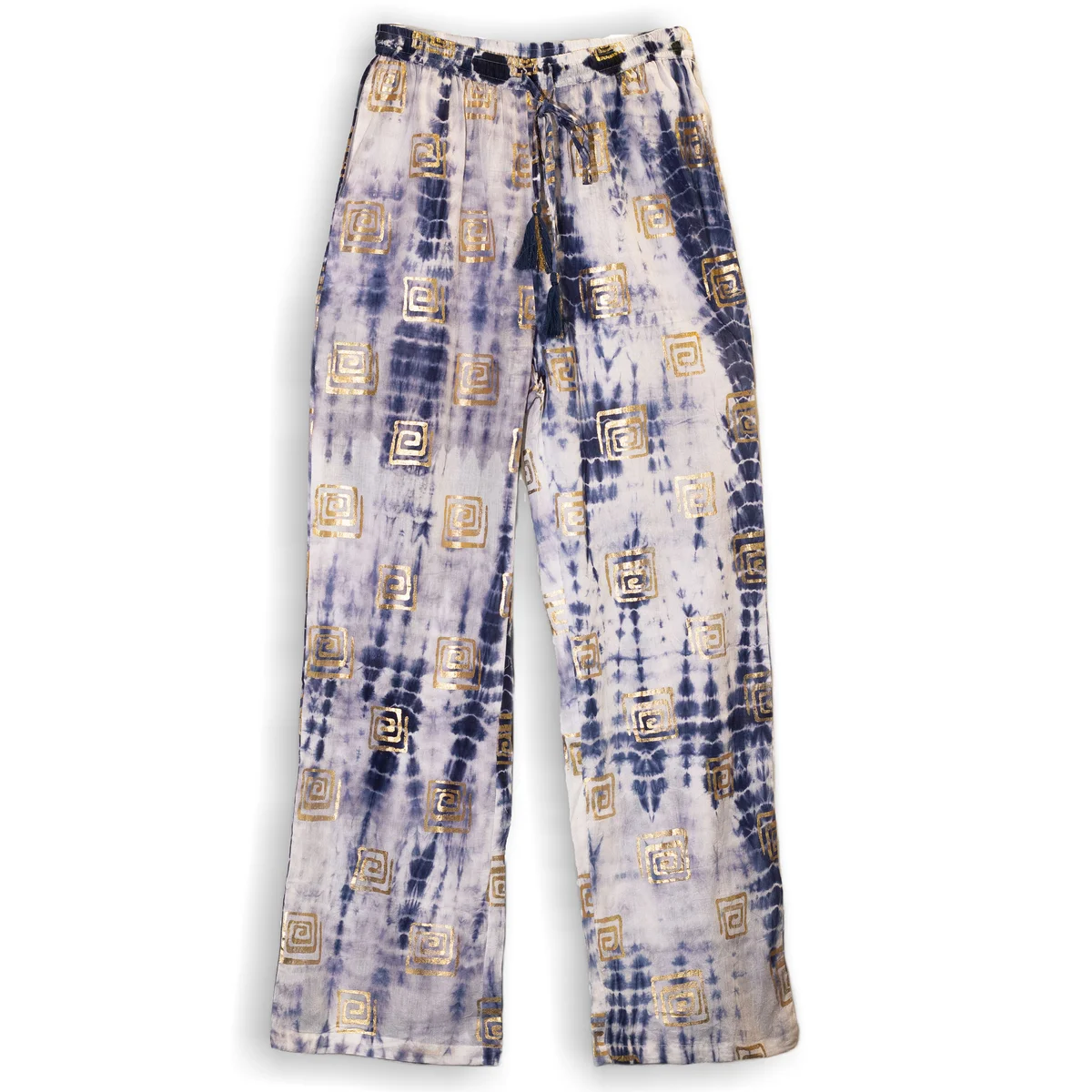 Nomad Sari Lounge Pants in blue tie‑dy with gold Greek motif; stylish tie‑dy lounge wear for relaxed comfort
