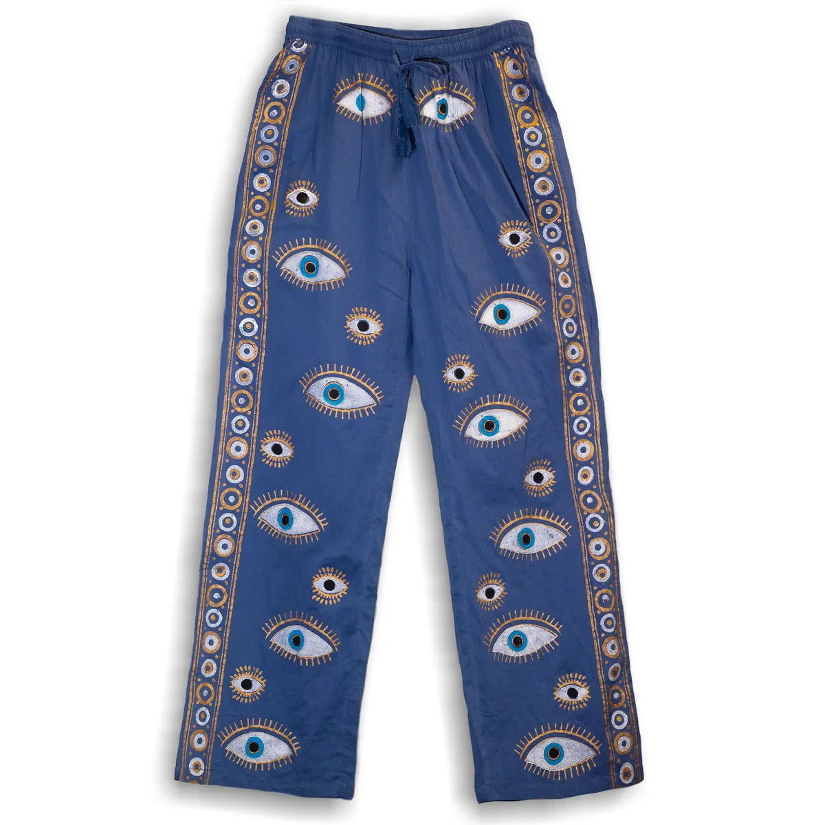 Blue lounge pants featuring hand‑painted gold evil eye design, crafted by Nomad.