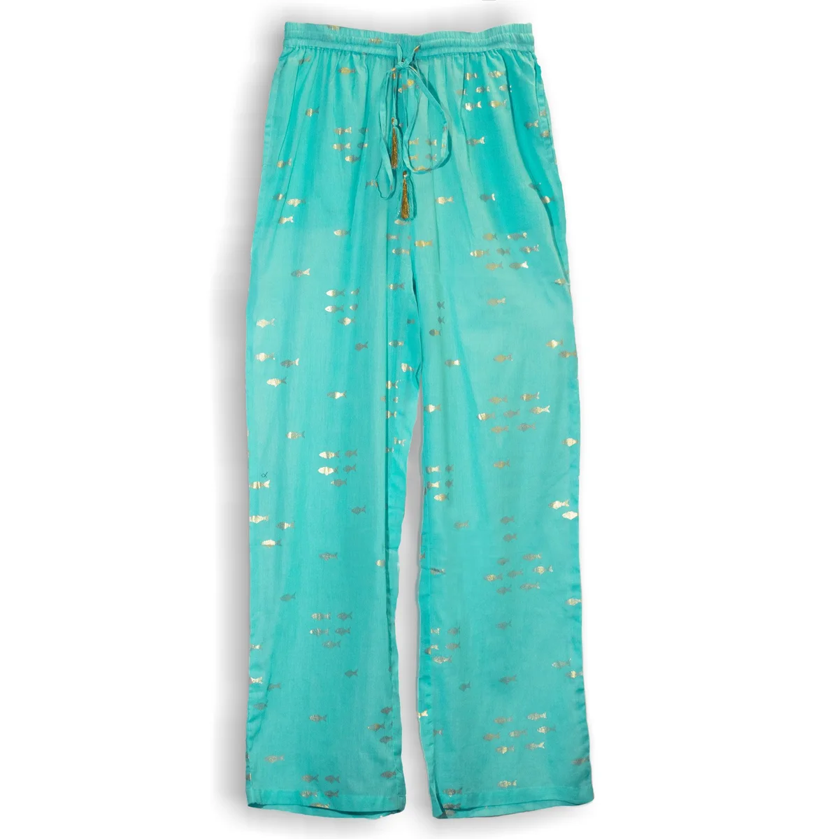 Turquoise lounge pants with hand‑painted gold fish pattern, shown in a relaxed lounge style.