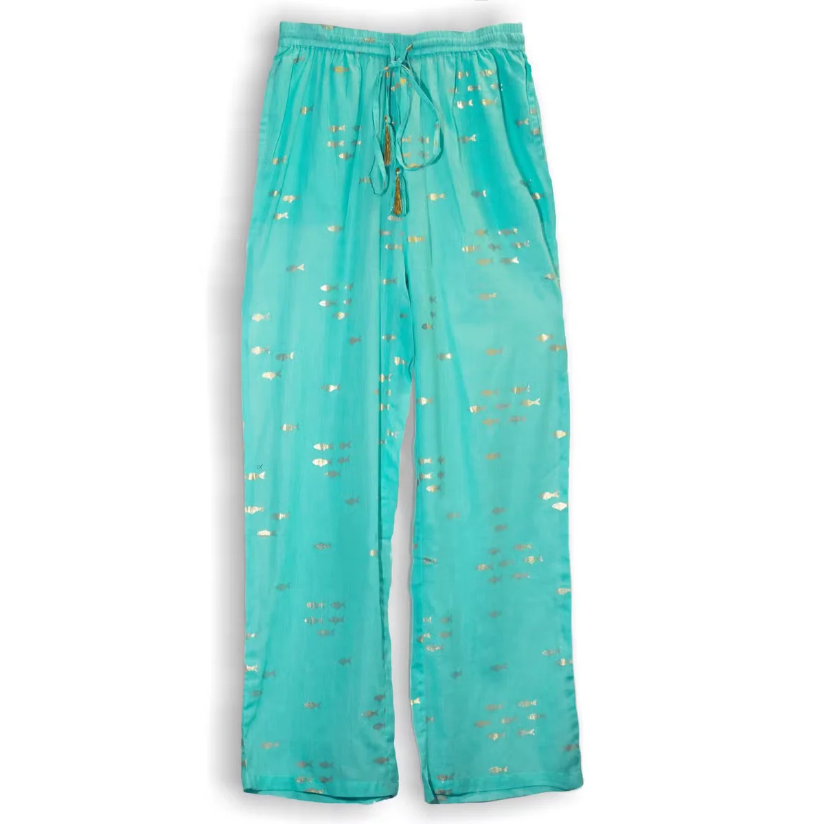 Turquoise nomad sari pants with hand‑painted gold fish design.