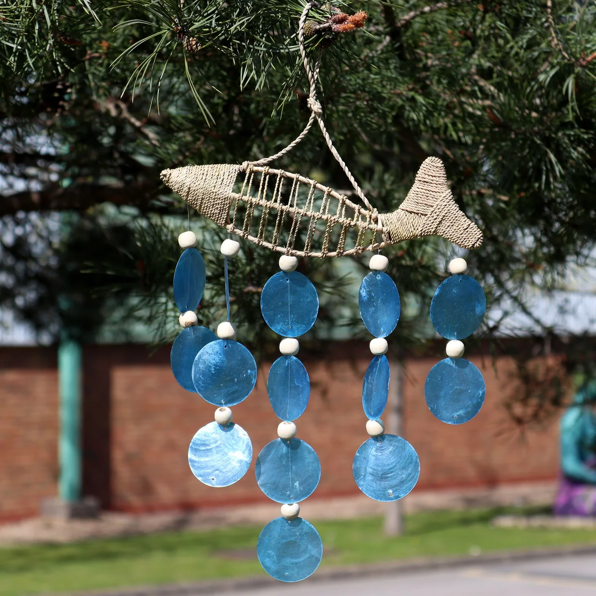 String Fish ornament hanging with a blue Copis Drop hanging.