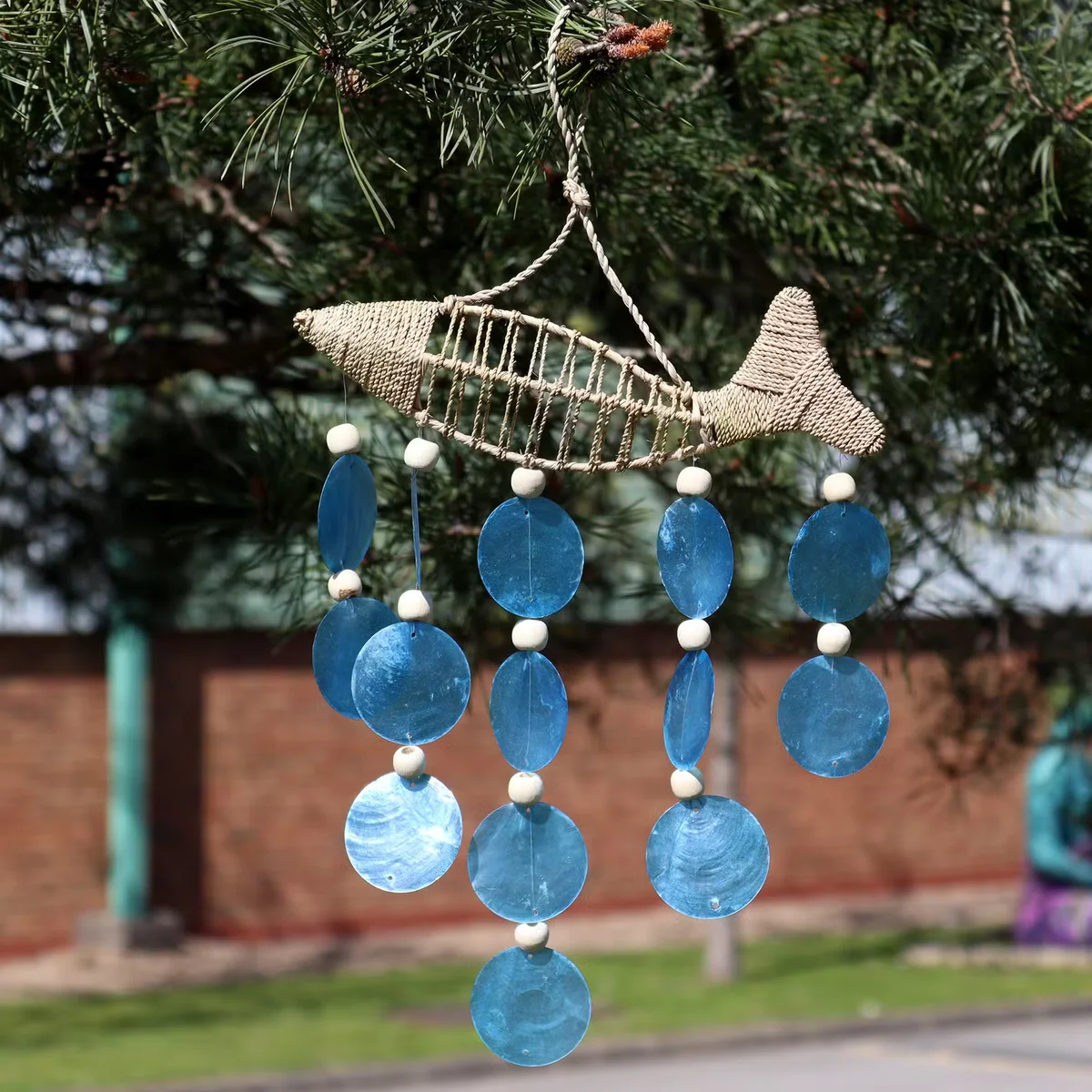 String fish and blue copis drop hanging from ceiling, nautical home decor.