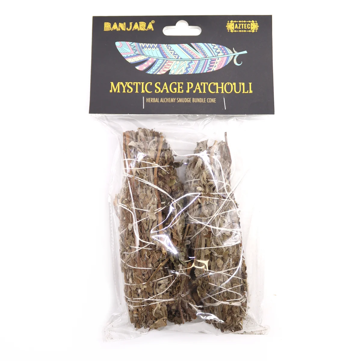 Banjara smudge sticks wrapped in natural twine with Indian sage and patchouli leaves on a white background