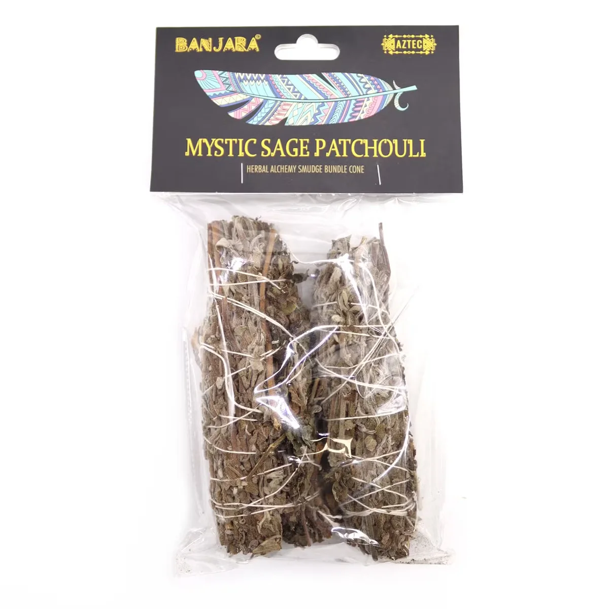 Banjara Smudge natural smudge sticks with Indian sage and patchouli wrapped in twine on a white background