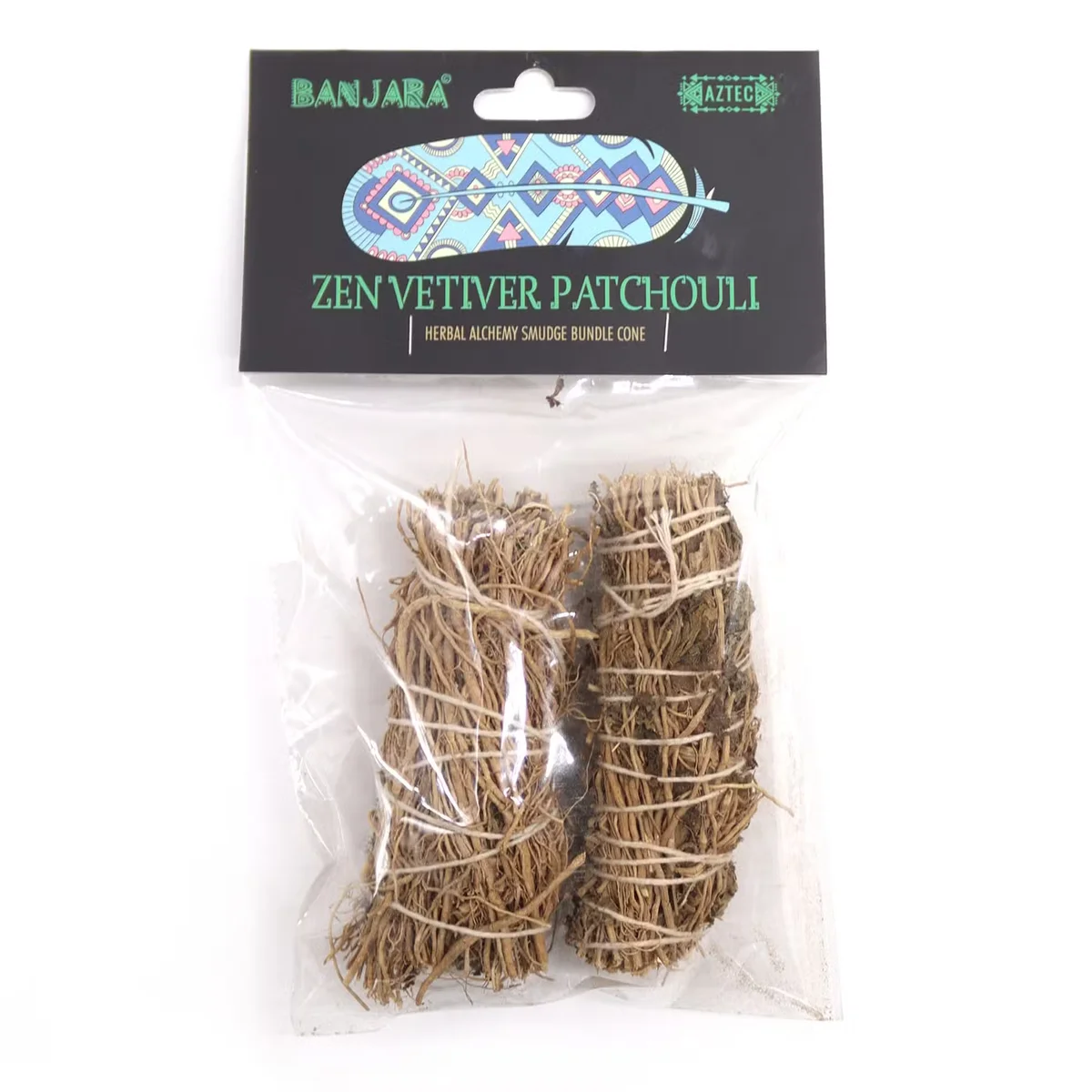 Banjara Smudge Vetiver and Pachuli home fragrance smudge stick with natural herbs on a white background